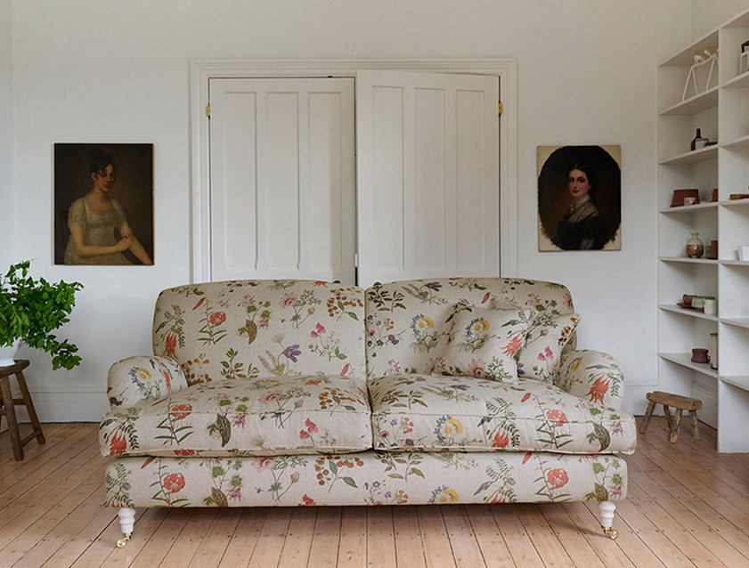 Kentwell 3 seater 2 hump sofa in Spill Resistant RHS Caroline Maria Applebee Collage Wildflowers